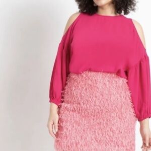 Eloquii Top Women 20 Pink Pullover High Neck Cold Shoulder Puff Sleeve Keyhole